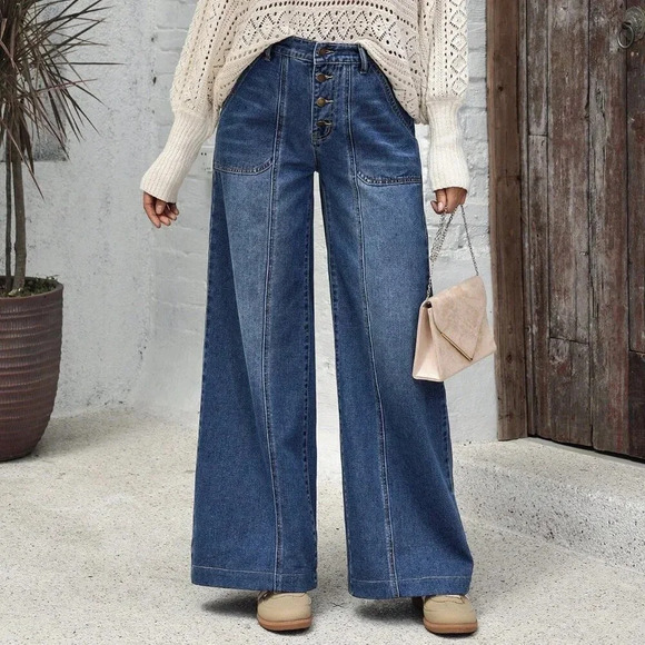 Blue Casual Women's Pockets Versatile Loose Wide Leg Jeans - Picture 1 of 6